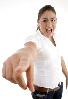 shouting woman pointing against white background