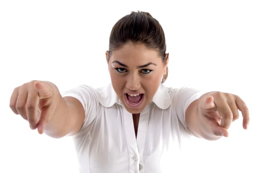 shouting woman pointing with both hands on an isolated background
