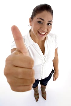 standing woman wishing you good luck on an isolated white background