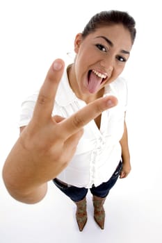 standing woman showing peace sign on an isolated background