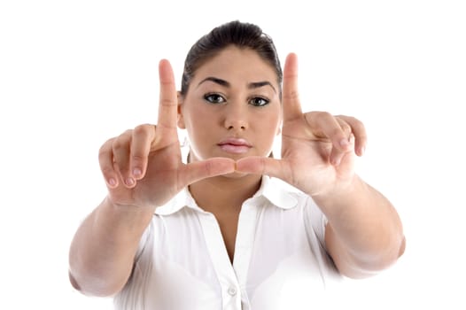 female showing directing gesture with white background