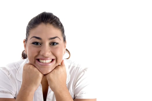 posing glad woman against white background