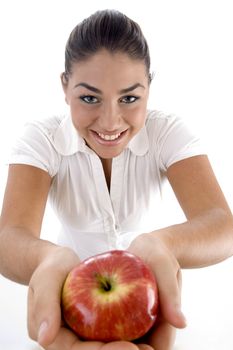 high angle view of woman with apple with white background