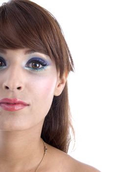 half length of woman's face on an isolated white background