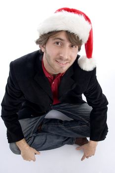 blonde model with christmas hat on an isolated white background