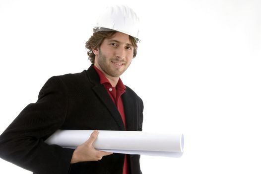 architect holding blueprint with white background