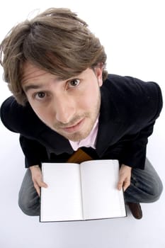 man holding notebook and looking upward on an isolated white background