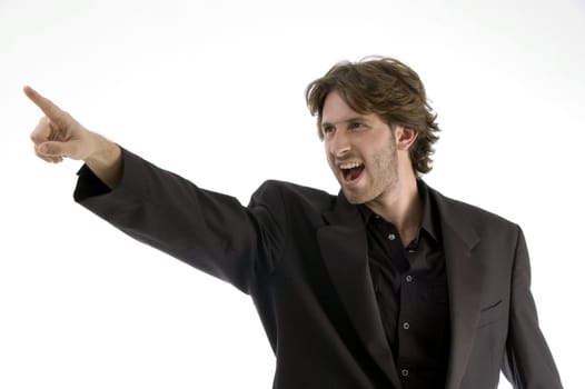 shouting man pointing sideways on an isolated background