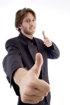 handsome male wishing goodluck on an isolated white background