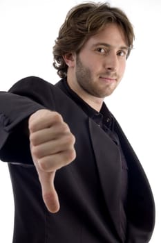 man showing disapproval sign with white background
