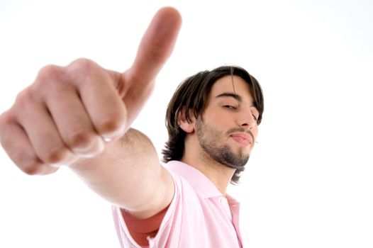 brunette man wishing goodluck on an isolated white background