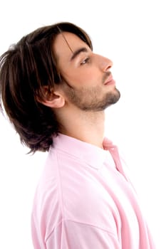 side view of young male with white background