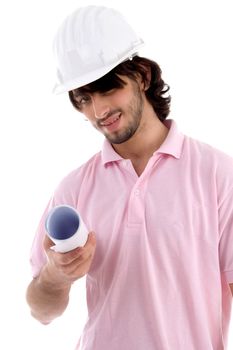young architect showing blueprint with white background