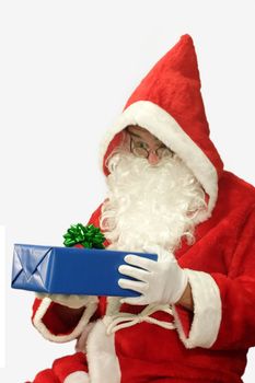 Male caucasian model of santa claus holding a blue giftbox - isolated on white background