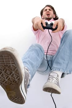 laying angry man holding remote against white background