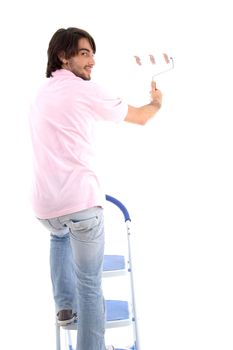 back pose of man with paint roller with white background