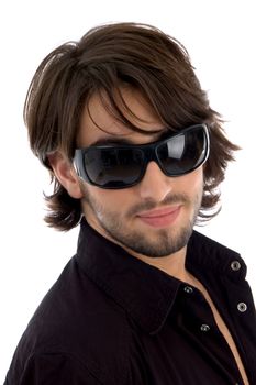 handsome model with sunglasses against white background