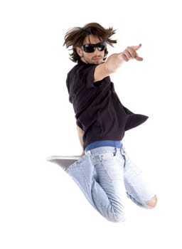 jumping handsome man pointing you with white background