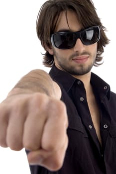 young male showing punch on an isolated white background