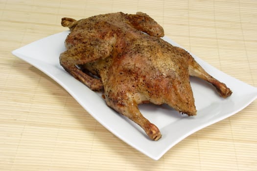 Fresh roasted duck on bright background