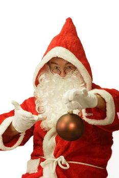 Male caucasian model of santa claus holding a christmas glitter ball - isolated on white background