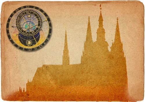 Image of the Prague castle and Cathedral of St Vitus looks like old postcard. Prague, Czech republic, Europe. 