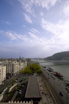 Overview of river Dunube in Budapest with blue sky