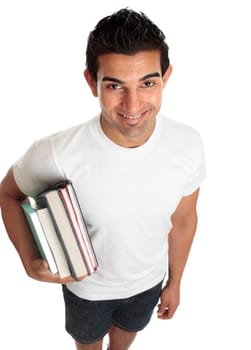 Happy male ethnic mixed race student looking up and smiling.  He is carrying books under one arm.  White background.