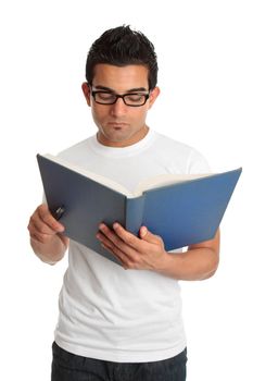 Young adult man reading a book.   He is wearing glasses.  White background.