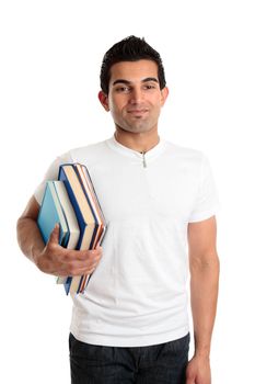 A man holding a collection of books.   Suitable for library, bookstore, student or tutor themes.  White background.