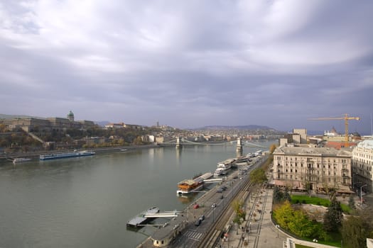 Overview of Budapest city with blue sky and river