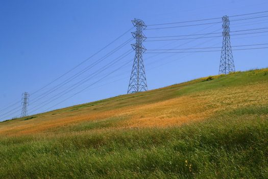 Three electricity pylons on a hill over clear blue sky.