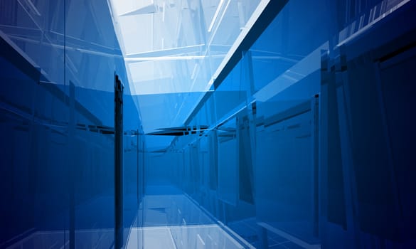 Indoor building. Office space with blue light effects