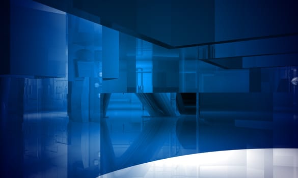 Indoor building. Office space with blue light effects