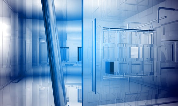 Indoor building. Office space with blue light effects