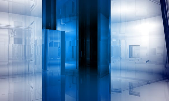 Indoor building. Office space with blue light effects