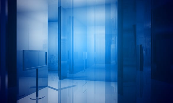 Indoor building. Office space with blue light effects