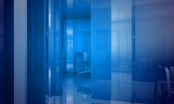 Indoor building. Office space with blue light effects