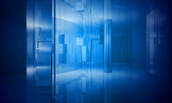 Indoor building. Office space with blue light effects