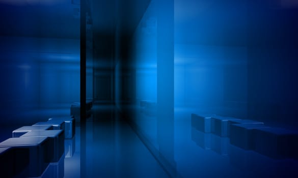 Indoor building. Office space with blue light effects