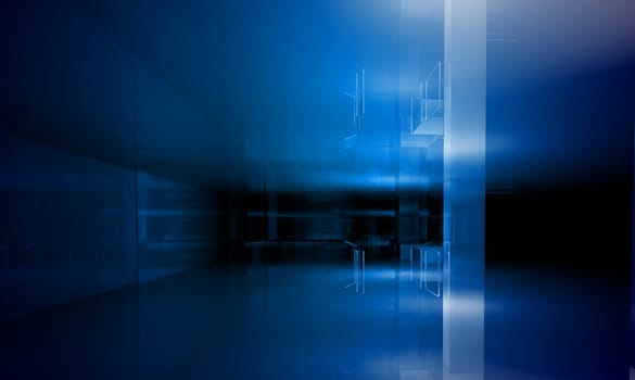 Indoor building. Office space with blue light effects