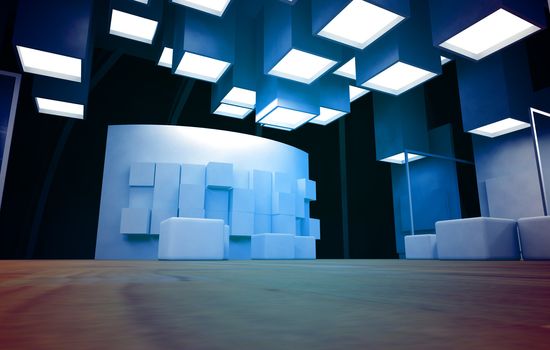 Art gallery with blank frames, modern building, conceptual architecture in blue colors