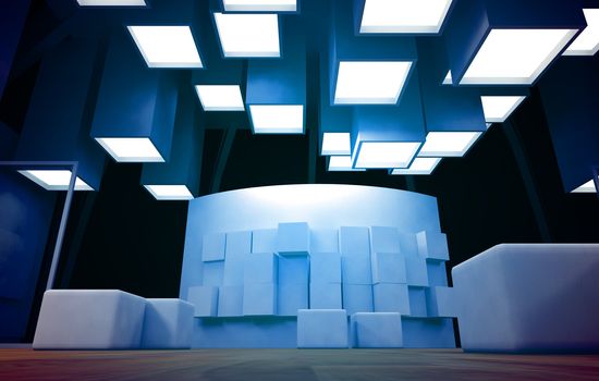 Art gallery with blank frames, modern building, conceptual architecture in blue colors