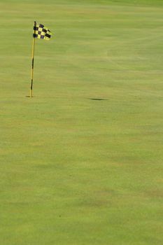 Flag on a green grass golf course.
