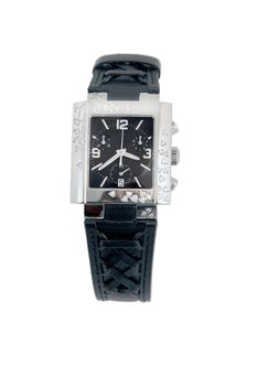 front view of black leather and white gold watch