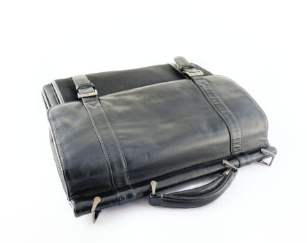Black leather briefcase on the white background