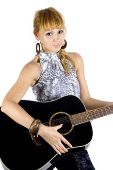 Pretty, blonde girl holding guitar, happy musician in country style.
