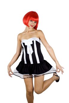 Red hair girl. Young, pretty female model. Naughty behaviour, wearing black skirt.