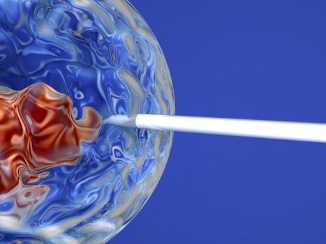 3D Illustration. A Needle penetrating a stem cell and injecting manipulated DNA code.