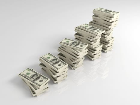 3D rendered Illustration. Stacks of 100 Dollar Bills.